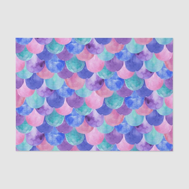 Pink Purple Blue Teal Watercolor Mermaid Scales Tissue Paper (Front)