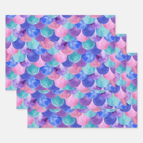 Pink Purple Blue Teal Watercolor Mermaid Scales Wrapping Paper Sheets