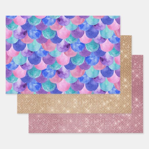 Pink Purple Blue Teal Watercolor Mermaid Scales Wrapping Paper Sheets