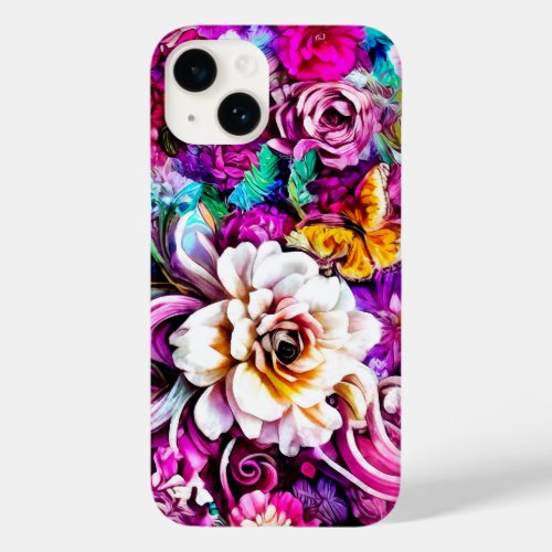 Pink Purple Blue Teal White Garden Flowers Fantasy Case_Mate iPhone 14 Case