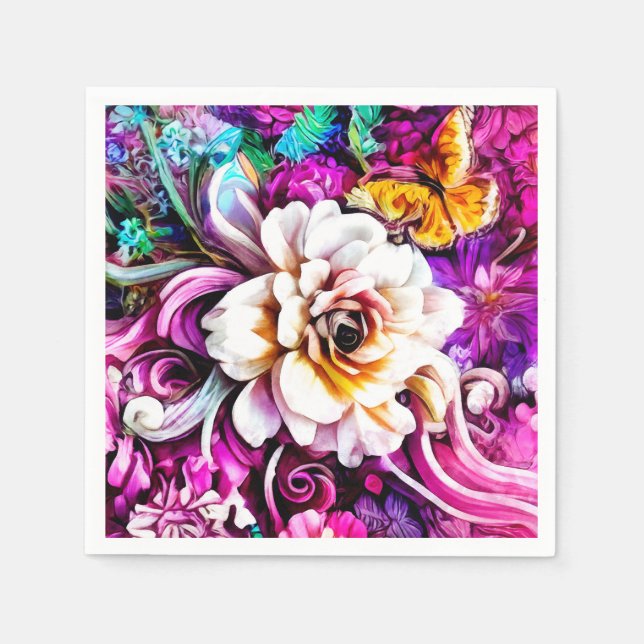 Pink Purple Blue Teal White Garden Flowers Fantasy Napkins (Front)