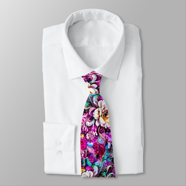 Pink Purple Blue Teal White Garden Flowers Fantasy Neck Tie (Tied)
