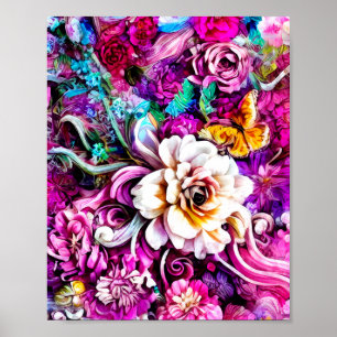 Pink Purple Blue Teal White Garden Flowers Fantasy Poster