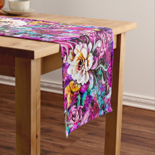 Pink Purple Blue Teal White Garden Flowers Fantasy Short Table Runner