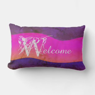 Pink Purple Blue Watercolor Chic Outdoor "Welcome" Lumbar Pillow