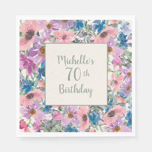 Pink Purple Blue Watercolor Floral 70th Birthday  Napkins