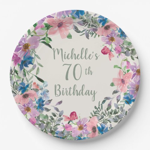 Pink Purple Blue Watercolor Floral 70th Birthday   Paper Plates