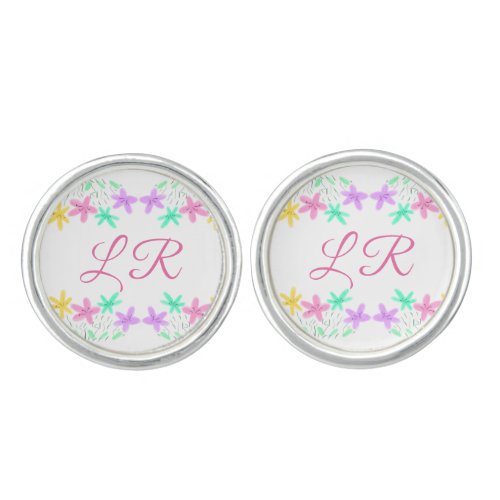 pink purple blue watercolor floral monogram letter cufflinks