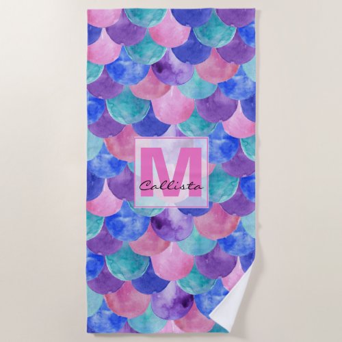 Pink Purple Blue Watercolor Mermaid Scale Monogram Beach Towel