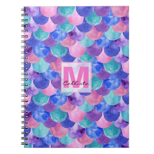 Pink Purple Blue Watercolor Mermaid Scale Monogram Notebook