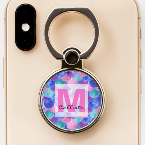 Pink Purple Blue Watercolor Mermaid Scale Monogram Phone Ring Stand