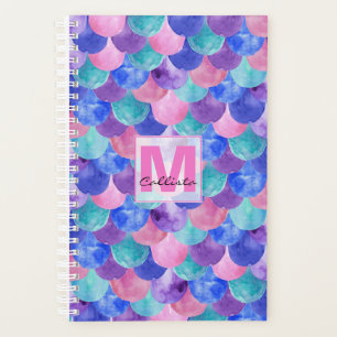 Pink Purple Blue Watercolor Mermaid Scale Monogram Planner