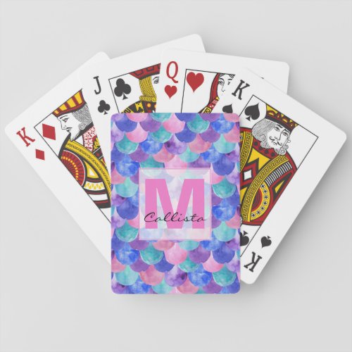 Pink Purple Blue Watercolor Mermaid Scale Monogram Poker Cards