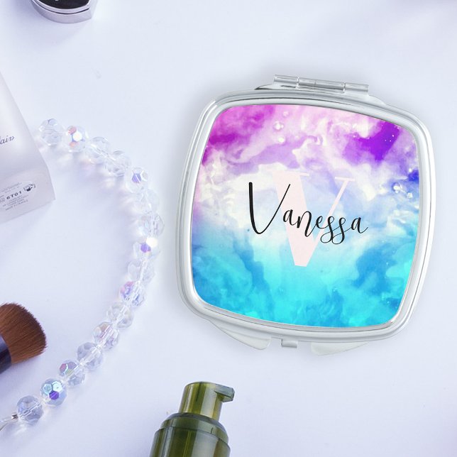 Pink Purple Blue Watercolor Tie Dye Monogram Compact Mirror (Creator Uploaded)