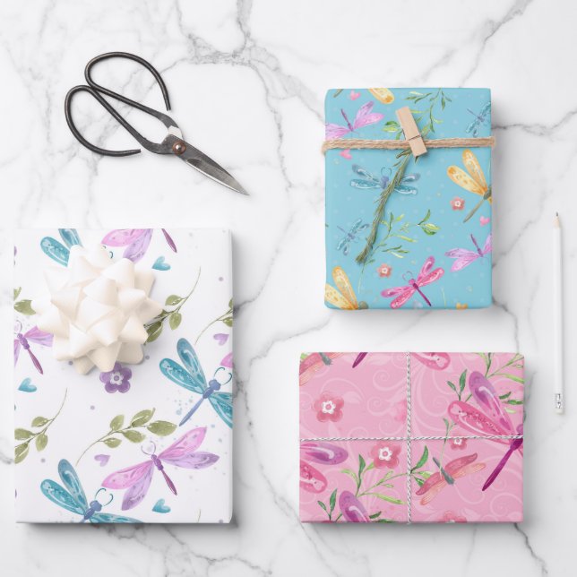 PINK PURPLE BLUE YELLOW EATERCOLOR DRAGONFLIES WRAPPING PAPER SHEETS (Front)
