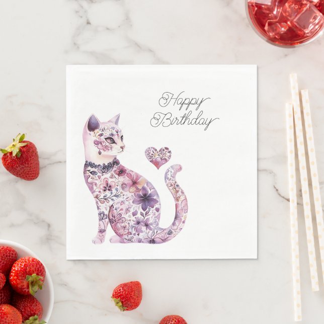Pink Purple Blush Flowers Heart Love Cat Birthday Napkins (Insitu)
