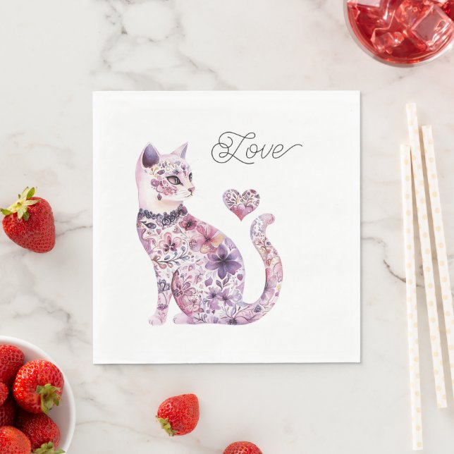 Pink Purple Blush Flowers Heart Love Cat Birthday Napkins (Insitu)
