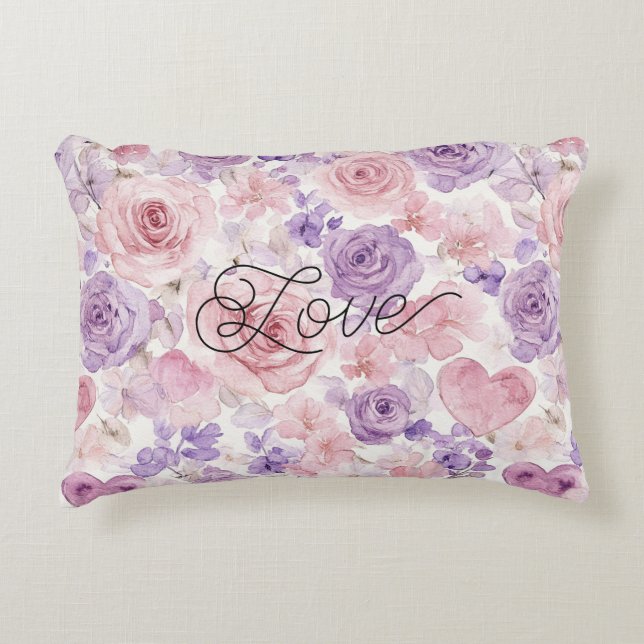Pink Purple Blush Flowers Hearts  Accent Pillow (Front)