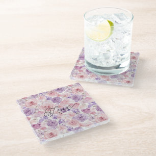 Pink Purple Blush Flowers Hearts Bridal Shower Glass Coaster