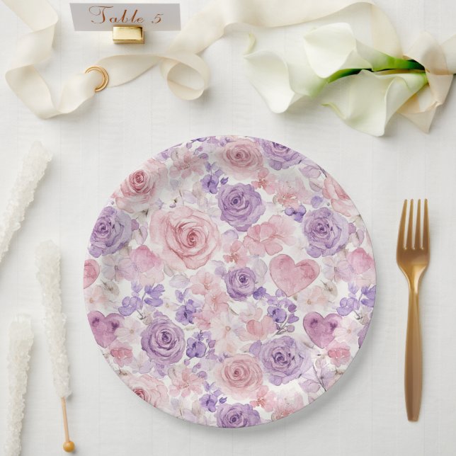 Pink Purple Blush Flowers Hearts Bridal Shower Paper Plates (Wedding)