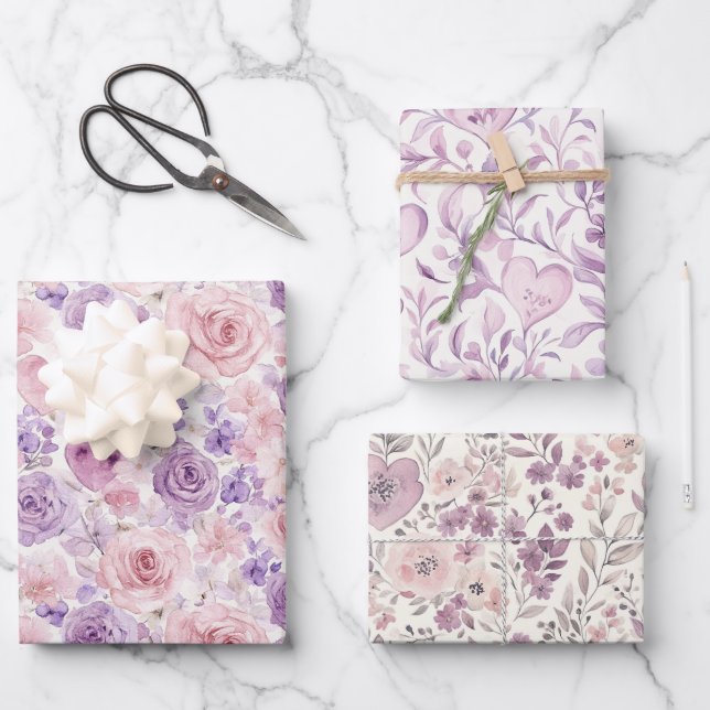Pink Purple Blush Flowers Hearts Bridal Shower Wrapping Paper Sheets (Front)