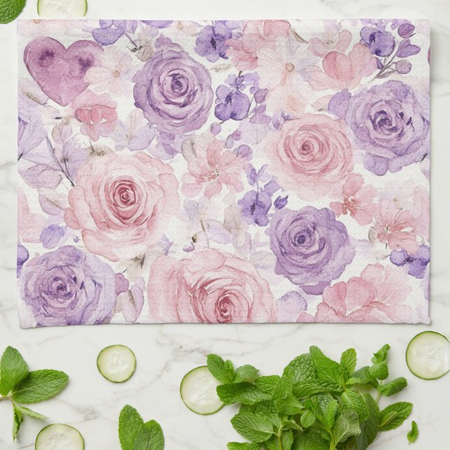 Pink Purple Blush Flowers Hearts   Kitchen Towel (Folded)
