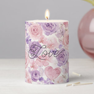 Pink Purple Blush Flowers Hearts Pillar Candle