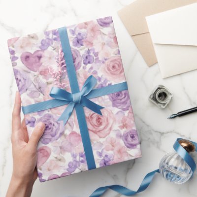 Pink Purple Blush Flowers Hearts Valentine's Day Wrapping Paper