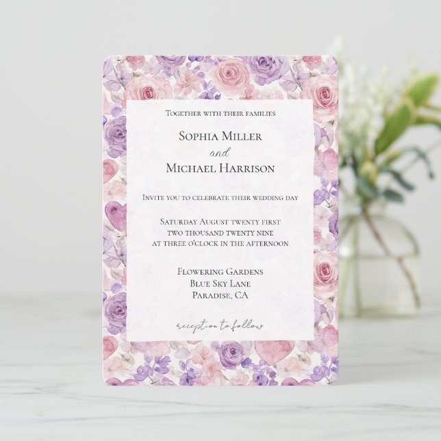 Pink Purple Blush Flowers Hearts Wedding Invitation (Standing Front)