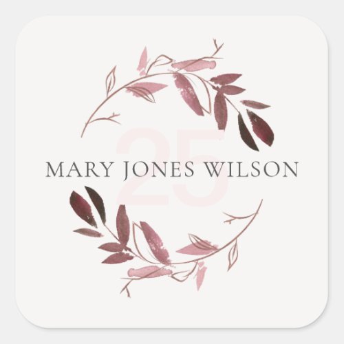 PINK PURPLE BLUSH FOLIAGE WREATH ANY AGE BIRTHDAY SQUARE STICKER