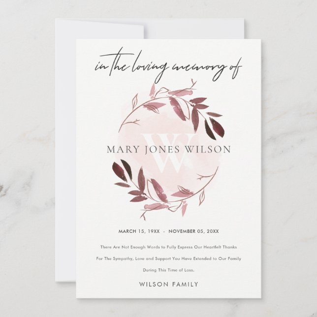 PINK PURPLE BLUSH FOLIAGE WREATH SYMPATHY MEMORIAL THANK YOU CARD (Front)