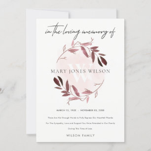 PINK PURPLE BLUSH FOLIAGE WREATH SYMPATHY MEMORIAL THANK YOU CARD