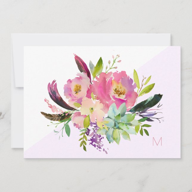 Pink Purple Boho Floral Monogram Note Card (Front)