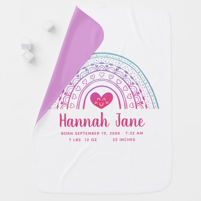 Pink Purple Boho Rainbow Girl Birth Stats Baby Blanket (In Situ)