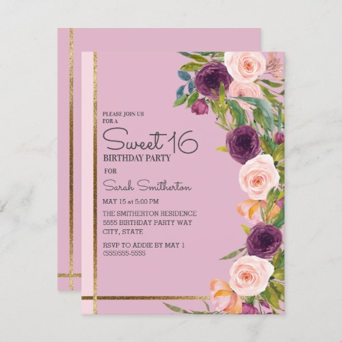 Pink Purple Boho Watercolor Floral Gold Sweet 16 Invitation