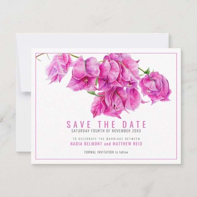 Pink purple bougainvillea floral art wedding save the date (Front)