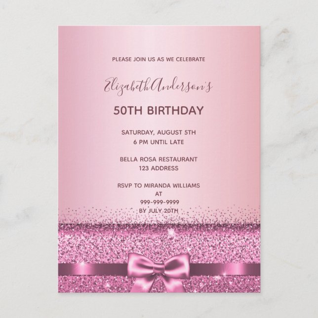Pink purple bow birthday invitation postcard (Front)