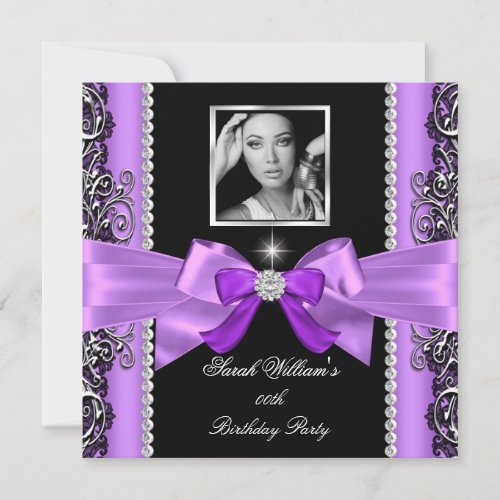 Pink Purple Bow Birthday Party Black Silver Photo Invitation