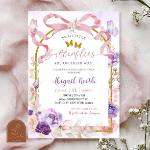 Pink Purple Bow Coquette Twins Butterfly Invitation