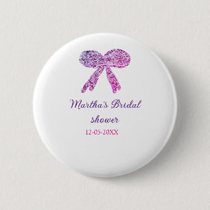 Pink purple bow sparkle glitter bridal shower name button