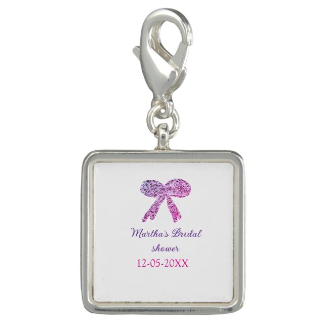 Pink purple bow sparkle glitter bridal shower name charm (Front)
