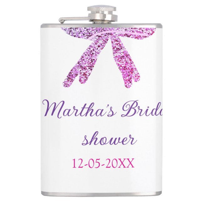 Pink purple bow sparkle glitter bridal shower name flask (Front)