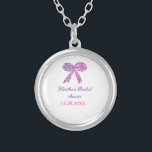 Pink purple bow sparkle glitter bridal shower name silver plated necklace<br><div class="desc">Design</div>