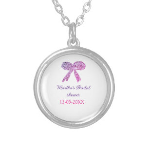 Pink purple bow sparkle glitter bridal shower name silver plated necklace