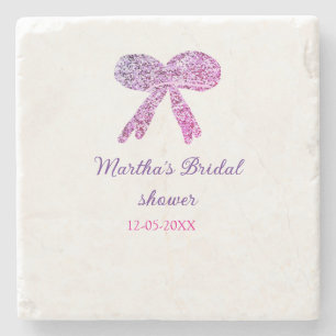 Pink purple bow sparkle glitter bridal shower name stone coaster