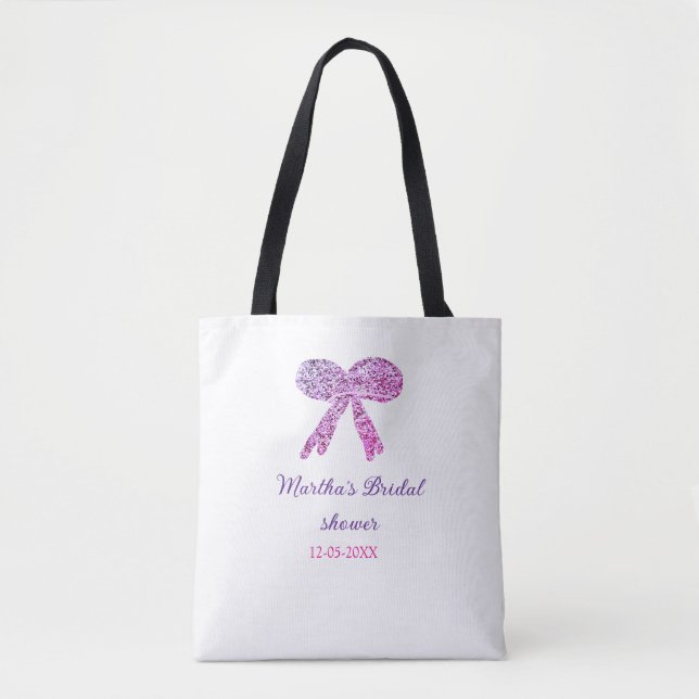 Pink purple bow sparkle glitter bridal shower name tote bag (Front)