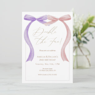 Pink purple bow Twin Birthday Invitation