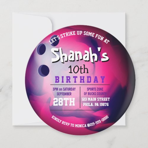 Pink Purple BOWLING BALL ROUND Birthday Party Invitation