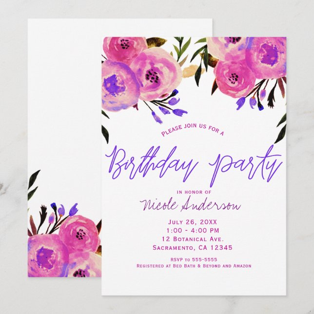 Pink & Purple Bright Modern Floral Birthday Party Invitation (Front/Back)