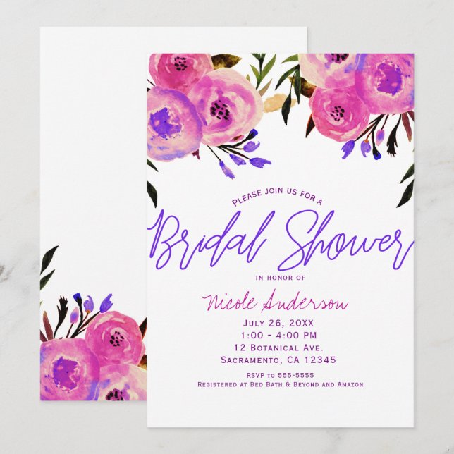 Pink & Purple Bright Modern Floral Bridal Shower Invitation (Front/Back)